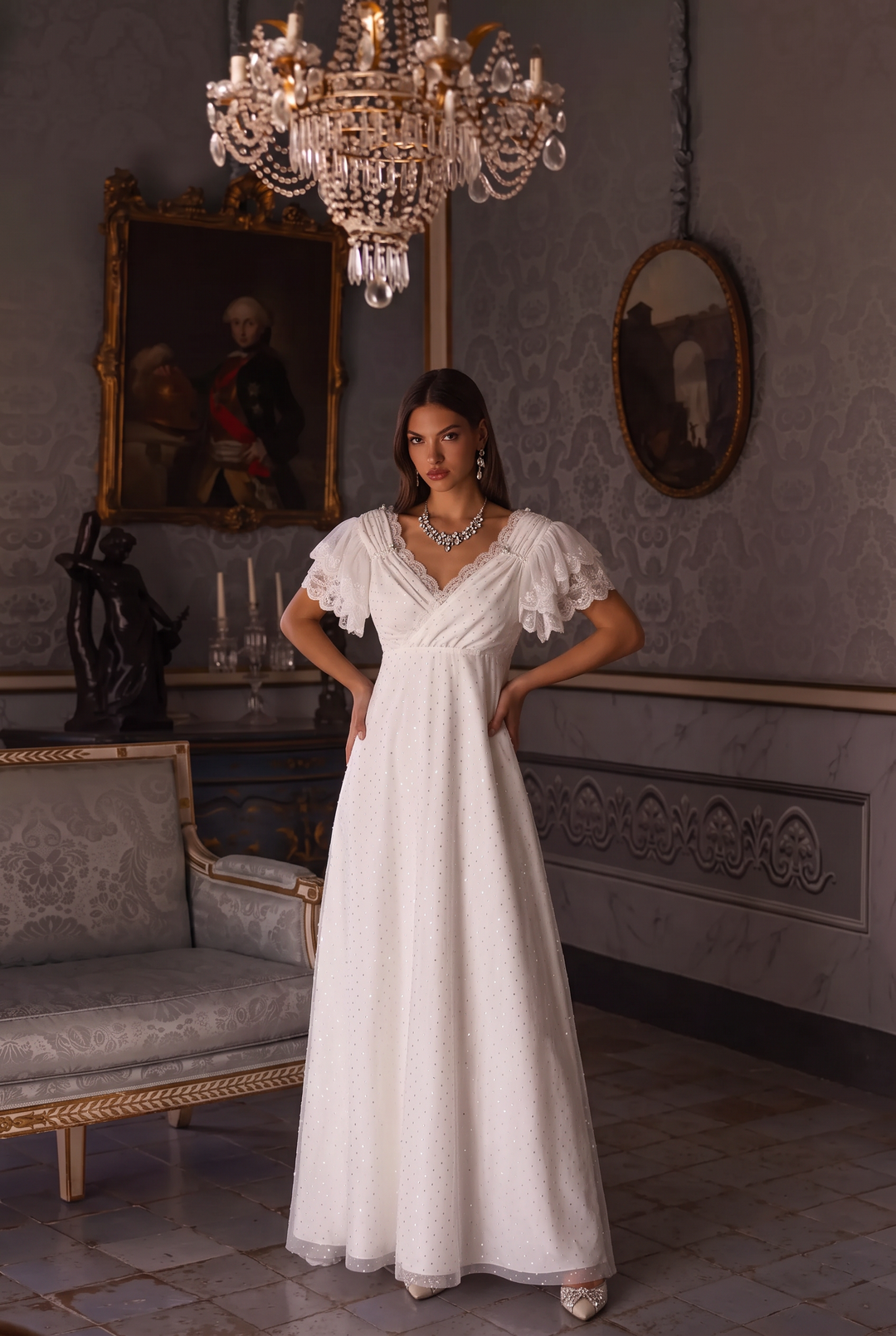 Regency Era White Empire Waist Dress with Lace Flutter Sleeves and Draped Bodice Plus Size