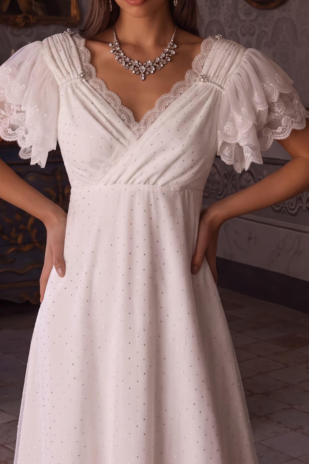 Regency Era White Empire Waist Dress with Lace Flutter Sleeves and Draped Bodice Plus Size