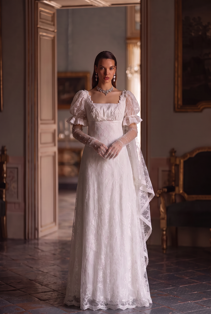 Regency Era White Empire Waist Lace Gown with Puff Sleeves and Embroidered Tulle Train – Bridgerton Inspired Wedding Dress Plus Size