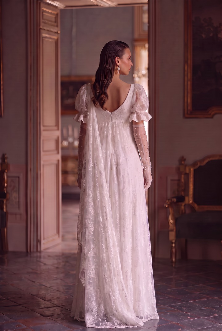 Regency Era White Empire Waist Lace Gown with Puff Sleeves and Embroidered Tulle Train – Bridgerton Inspired Wedding Dress Plus Size
