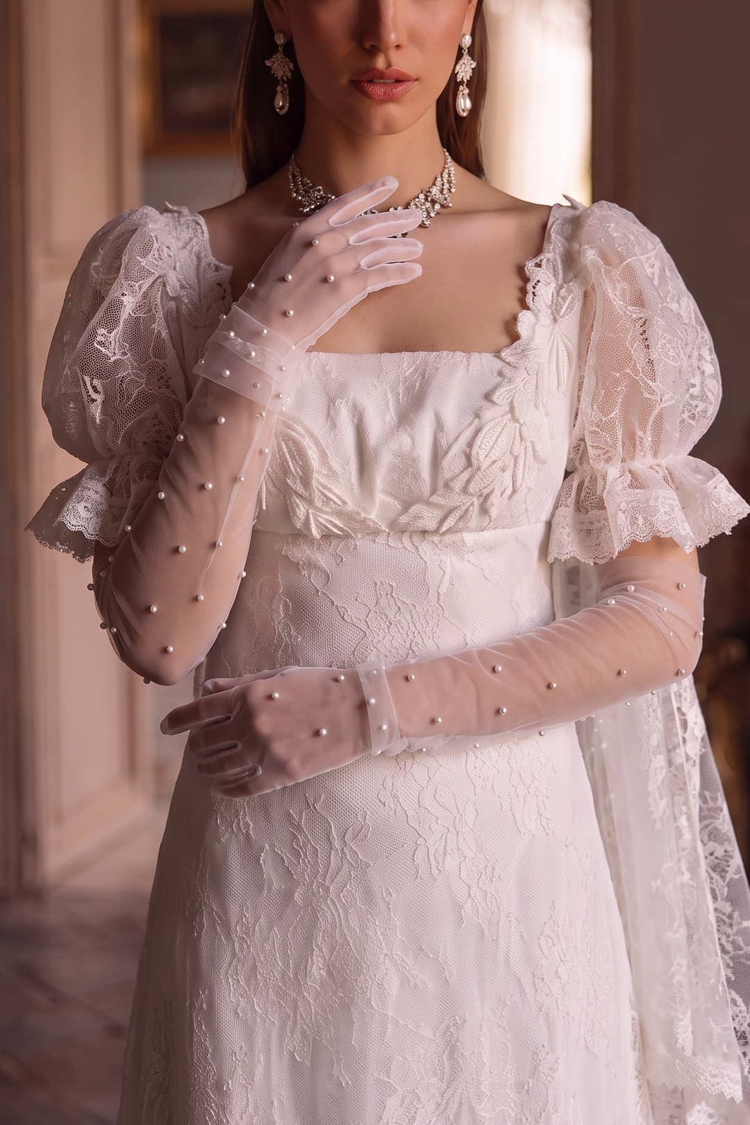 Regency Era White Empire Waist Lace Gown with Puff Sleeves and Embroidered Tulle Train – Bridgerton Inspired Wedding Dress Plus Size