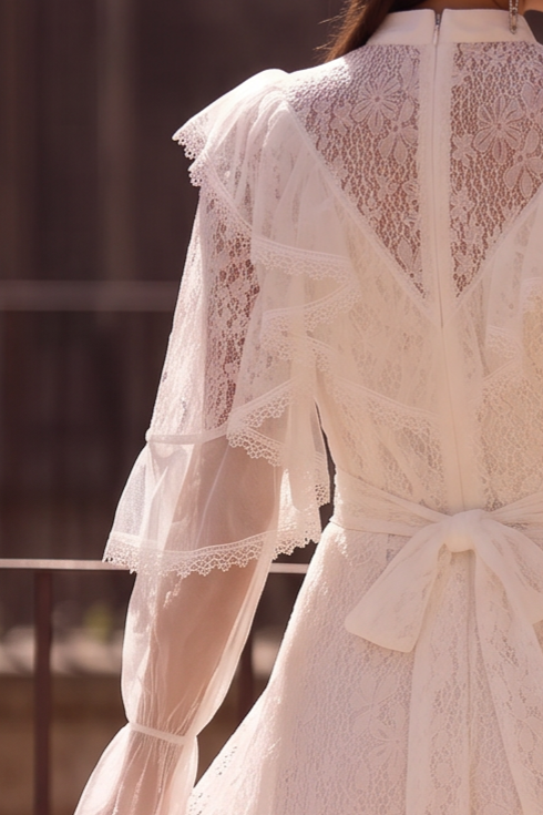 Regency Era White Lace Dress with High Neck, Ruffled Collar, Long Sleeves and Empire Waist Plus Size