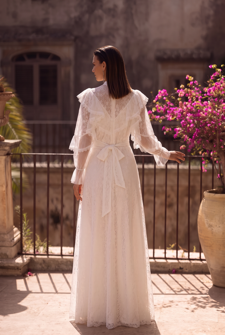 Regency Era White Lace Dress with High Neck, Ruffled Collar, Long Sleeves and Empire Waist Plus Size