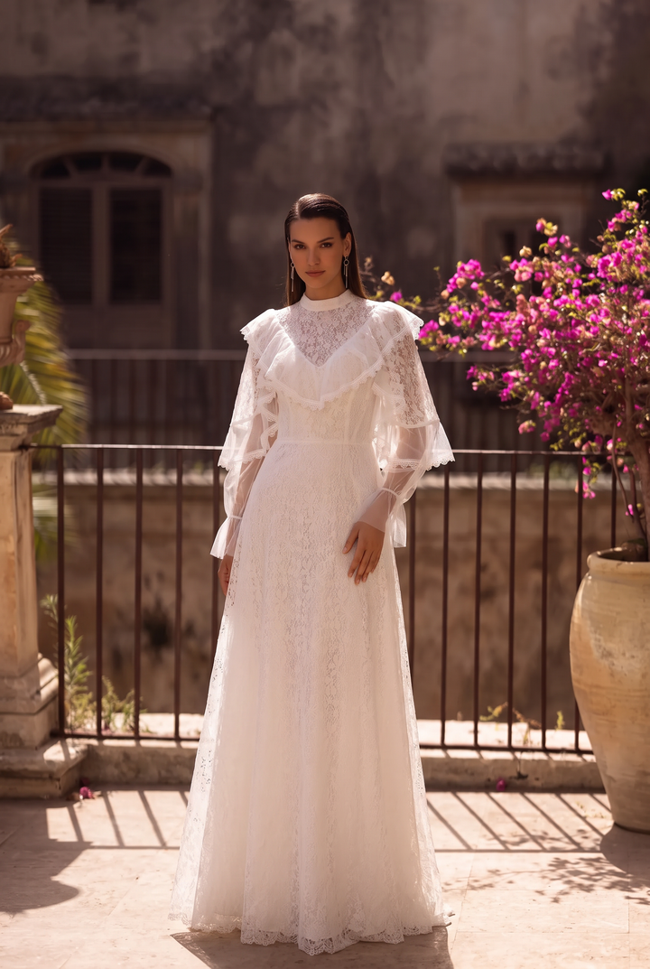 Regency Era White Lace Dress with High Neck, Ruffled Collar, Long Sleeves and Empire Waist Plus Size