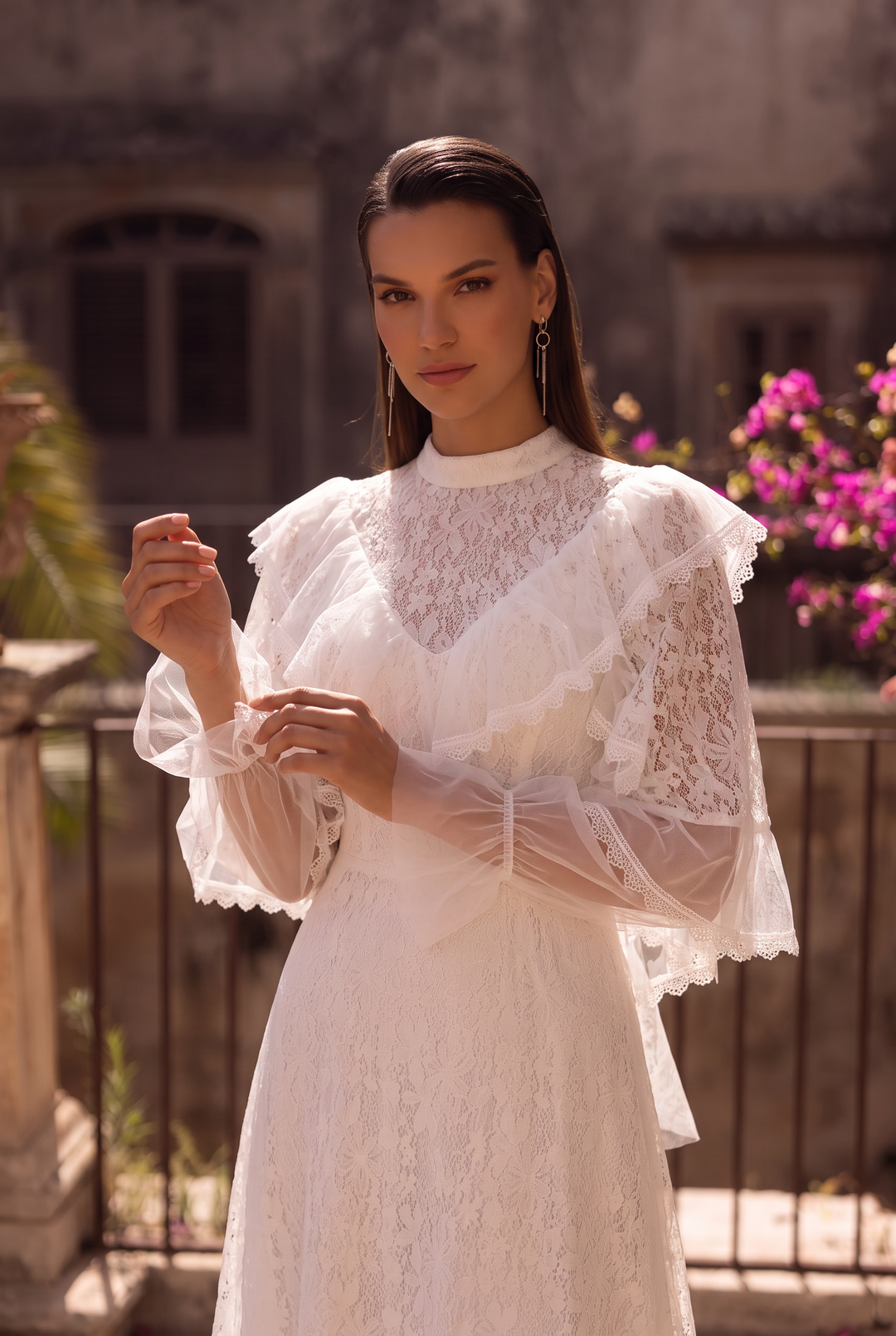 Regency Era White Lace Dress with High Neck, Ruffled Collar, Long Sleeves and Empire Waist Plus Size