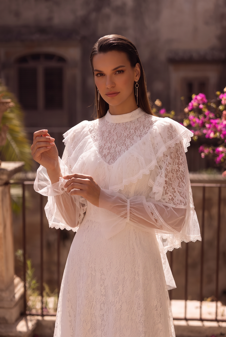 Regency Era White Lace Dress with High Neck, Ruffled Collar, Long Sleeves and Empire Waist Plus Size