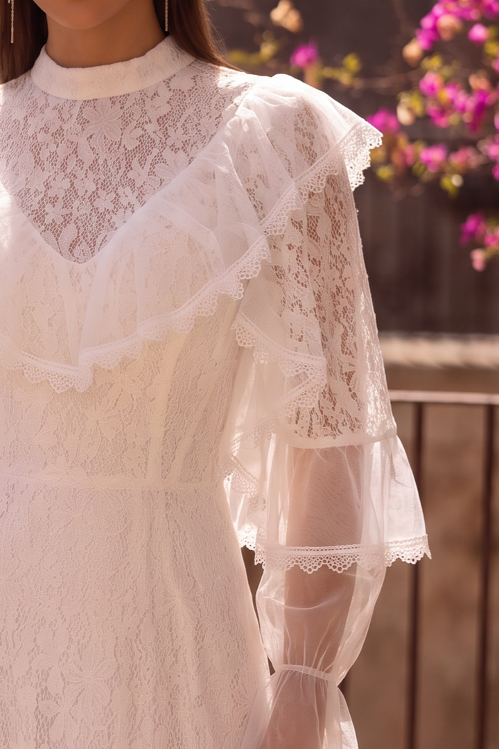 Regency Era White Lace Dress with High Neck, Ruffled Collar, Long Sleeves and Empire Waist Plus Size