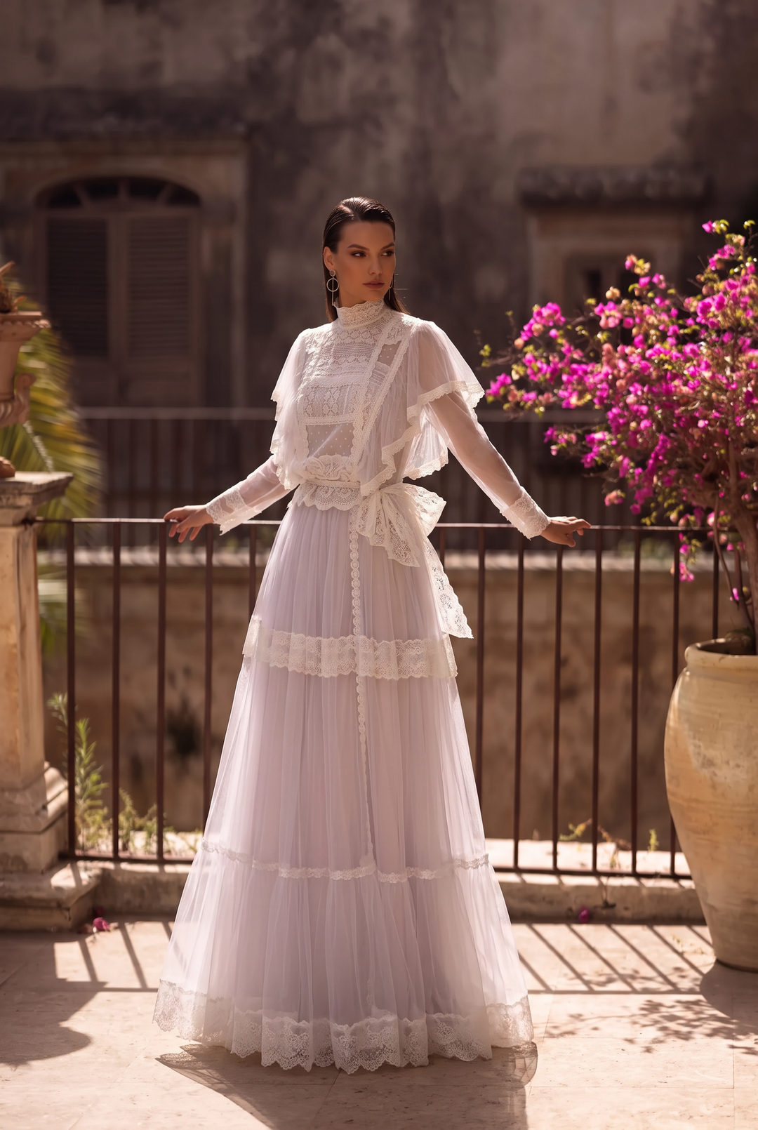 Regency Era White Lace Tulle Dress with High Neck, Sheer Long Sleeves and Tiered Skirt Plus Size