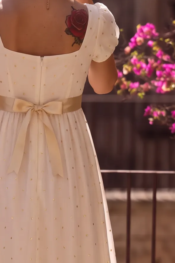 Regency Era White and Gold Embroidered Empire Waist Dress with Puff Sleeves and Square Neckline Plus Size