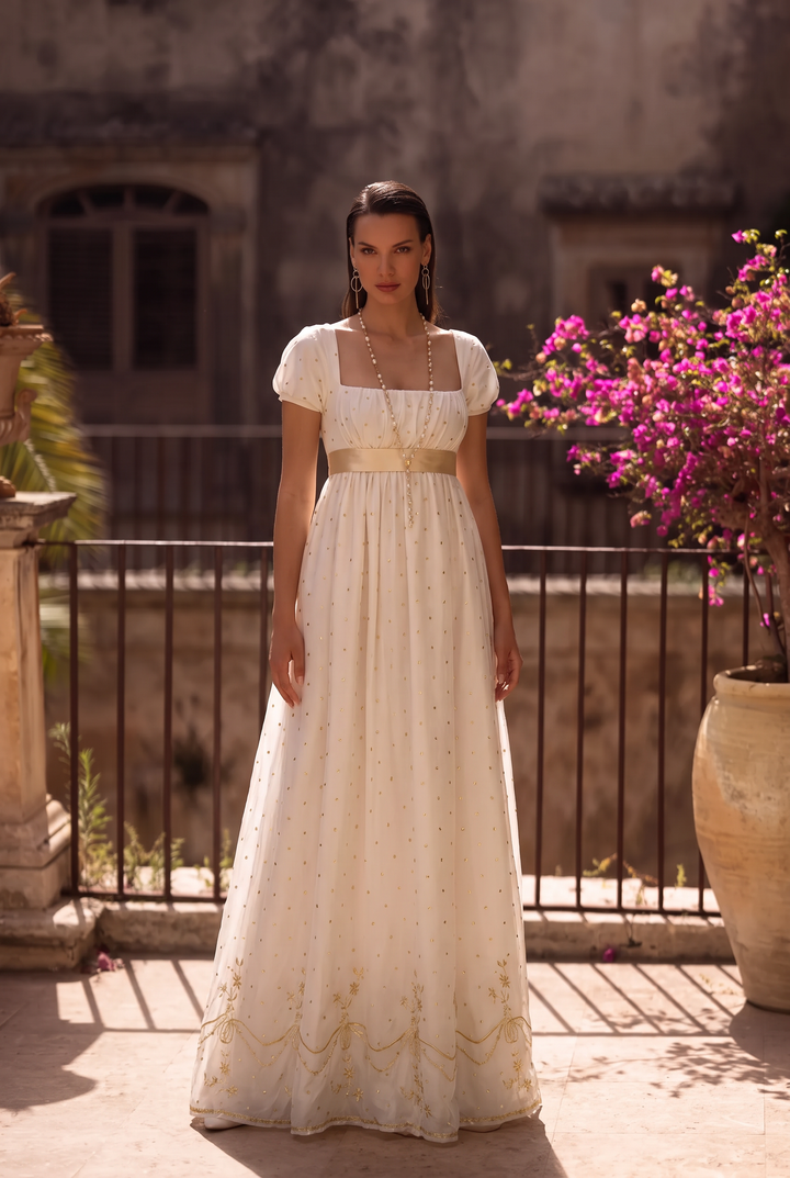 Regency Era White and Gold Embroidered Empire Waist Dress with Puff Sleeves and Square Neckline Plus Size