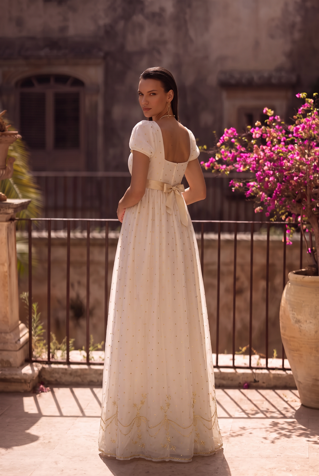 Regency Era White and Gold Embroidered Empire Waist Dress with Puff Sleeves and Square Neckline Plus Size