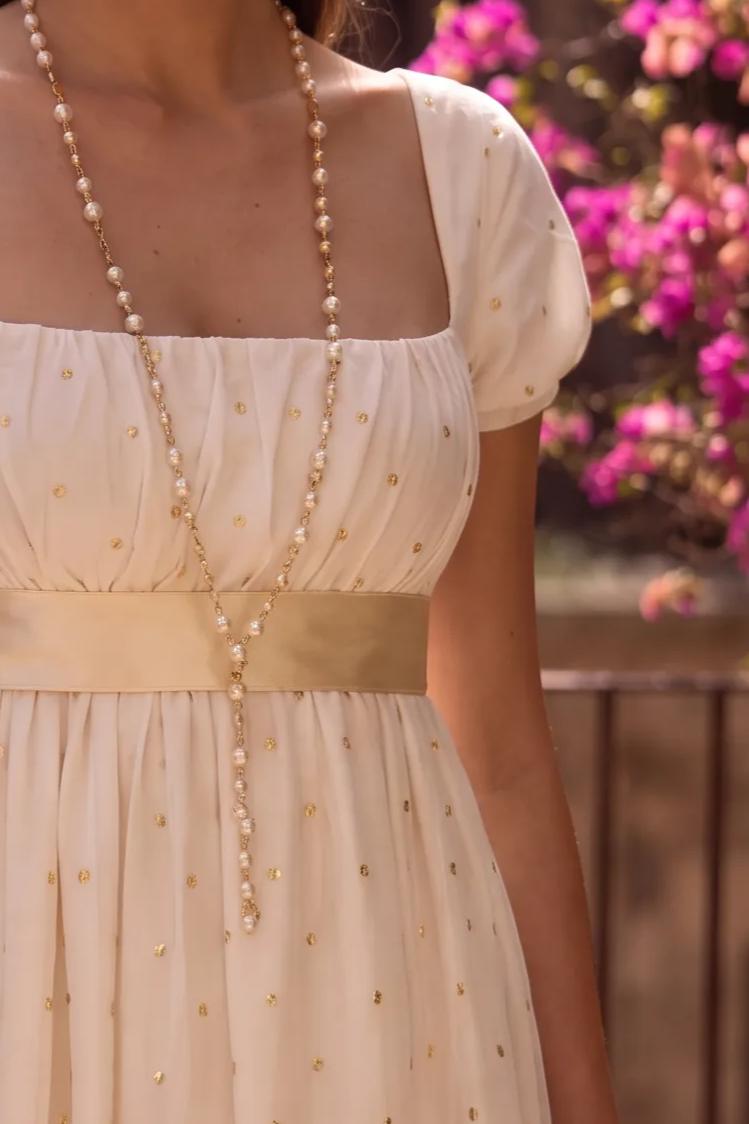 Regency Express Regency Era White and Gold Embroidered Empire Waist Dress with Puff Sl ...