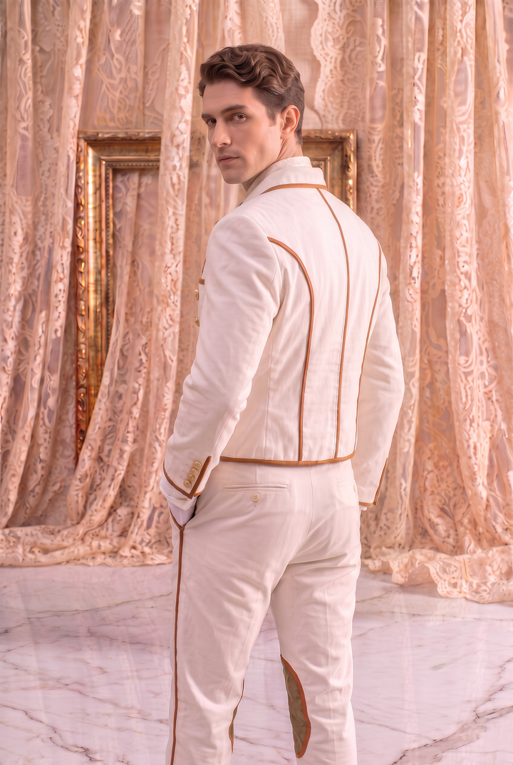 Regency Ivory White Men's Suit – Victorian Equestrian Tailoring with Gold Trim & Double-Breasted Jacket Plus Size