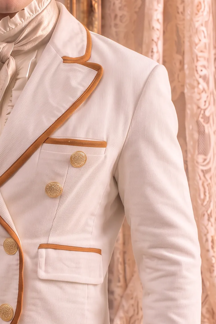 Regency Ivory White Men's Suit – Victorian Equestrian Tailoring with Gold Trim & Double-Breasted Jacket Plus Size