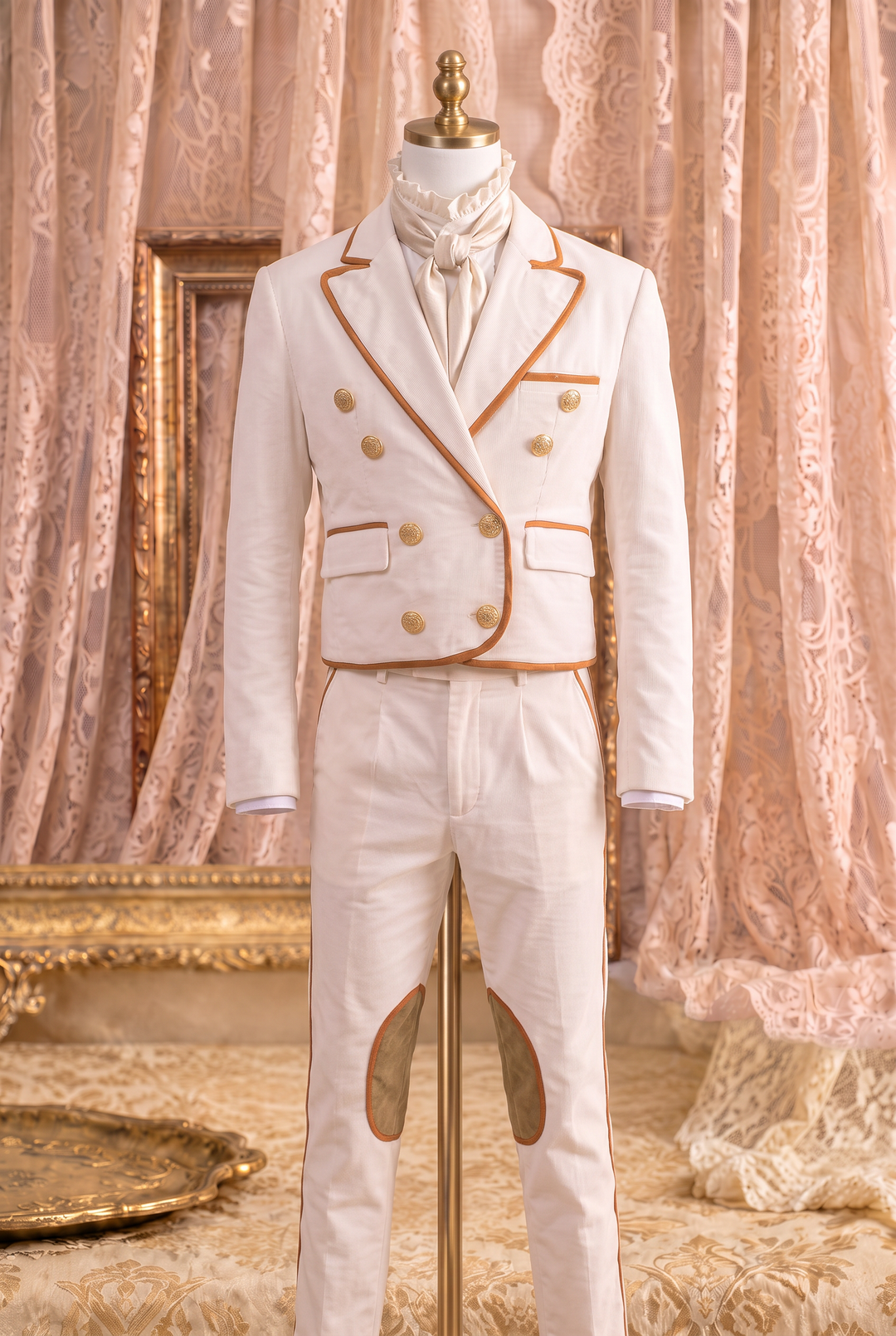 Regency Ivory White Men's Suit – Victorian Equestrian Tailoring with Gold Trim & Double-Breasted Jacket Plus Size