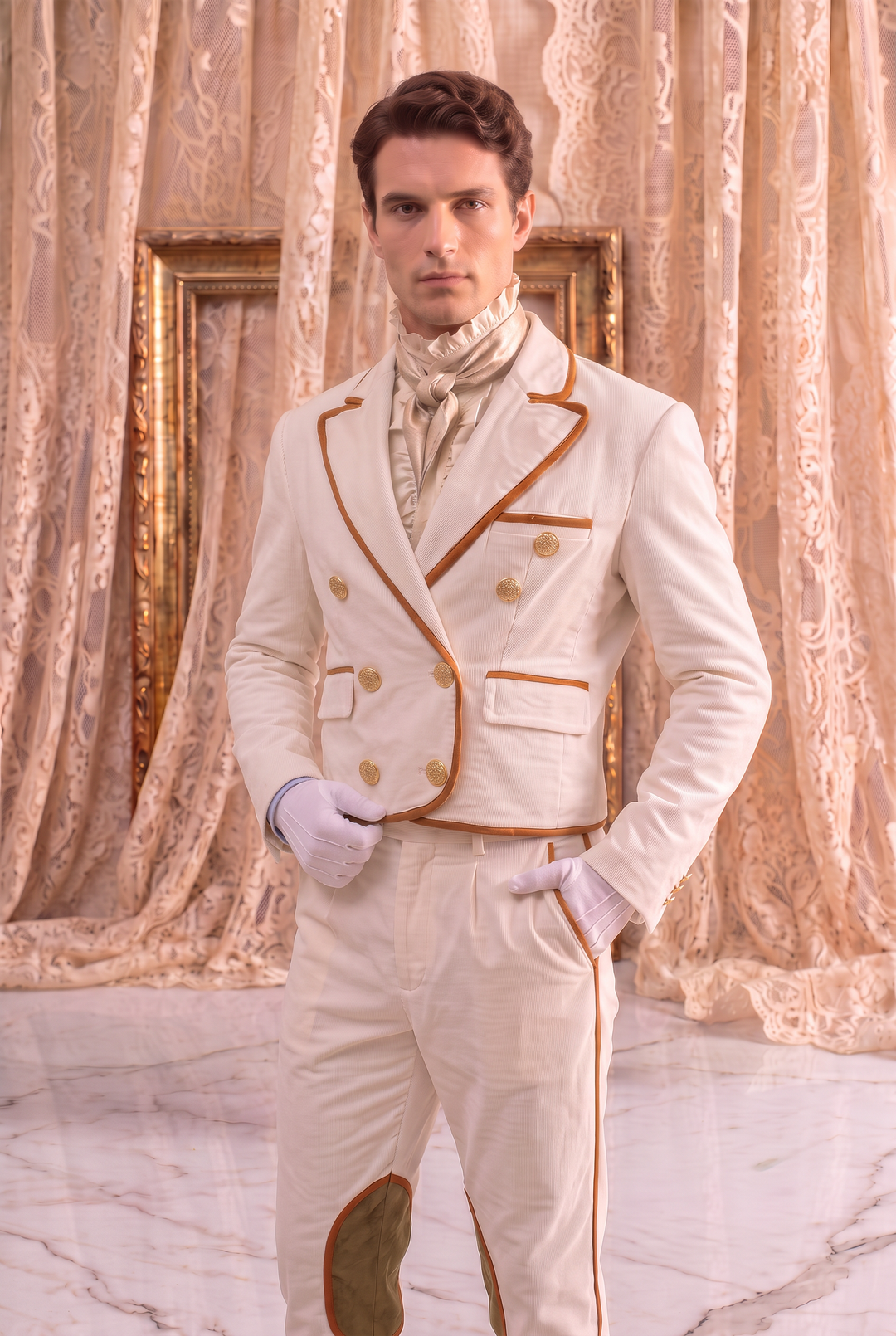 Regency Ivory White Men's Suit – Victorian Equestrian Tailoring with Gold Trim & Double-Breasted Jacket Plus Size