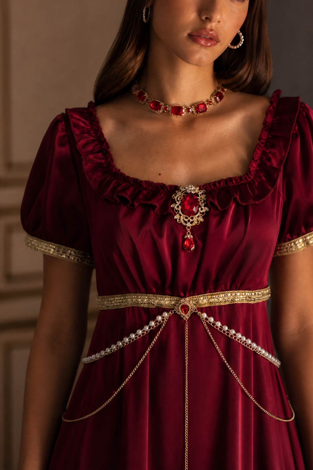 Regency Era Burgundy Satin Empire Waist Gown with Ruffle Trim and Pearl Chain Detail – Bridgerton Inspired Dress Plus Size