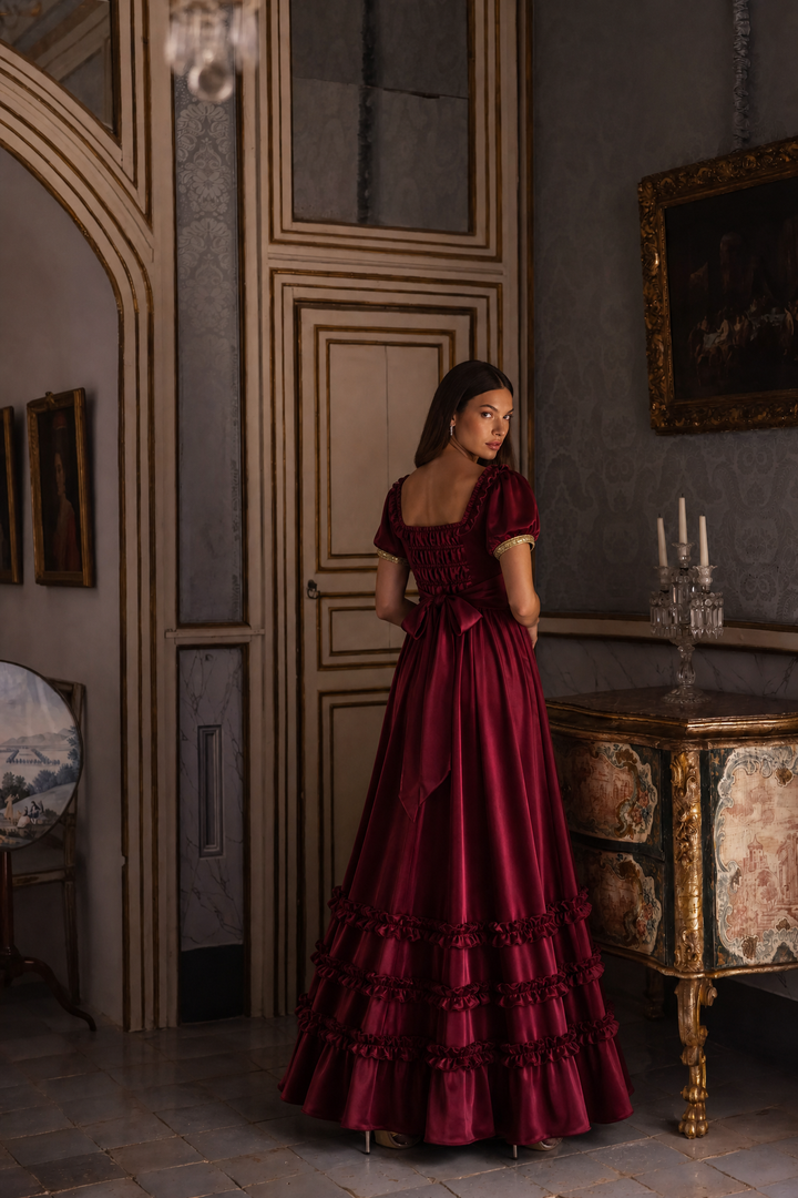 Regency Era Burgundy Satin Empire Waist Gown with Ruffle Trim and Pearl Chain Detail – Bridgerton Inspired Dress Plus Size