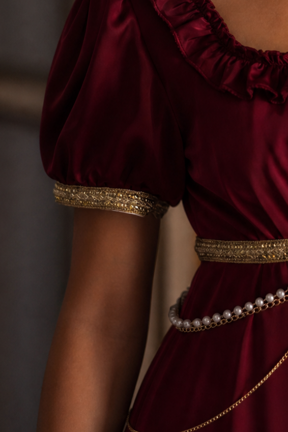 Regency Era Burgundy Satin Empire Waist Gown with Ruffle Trim and Pearl Chain Detail – Bridgerton Inspired Dress Plus Size