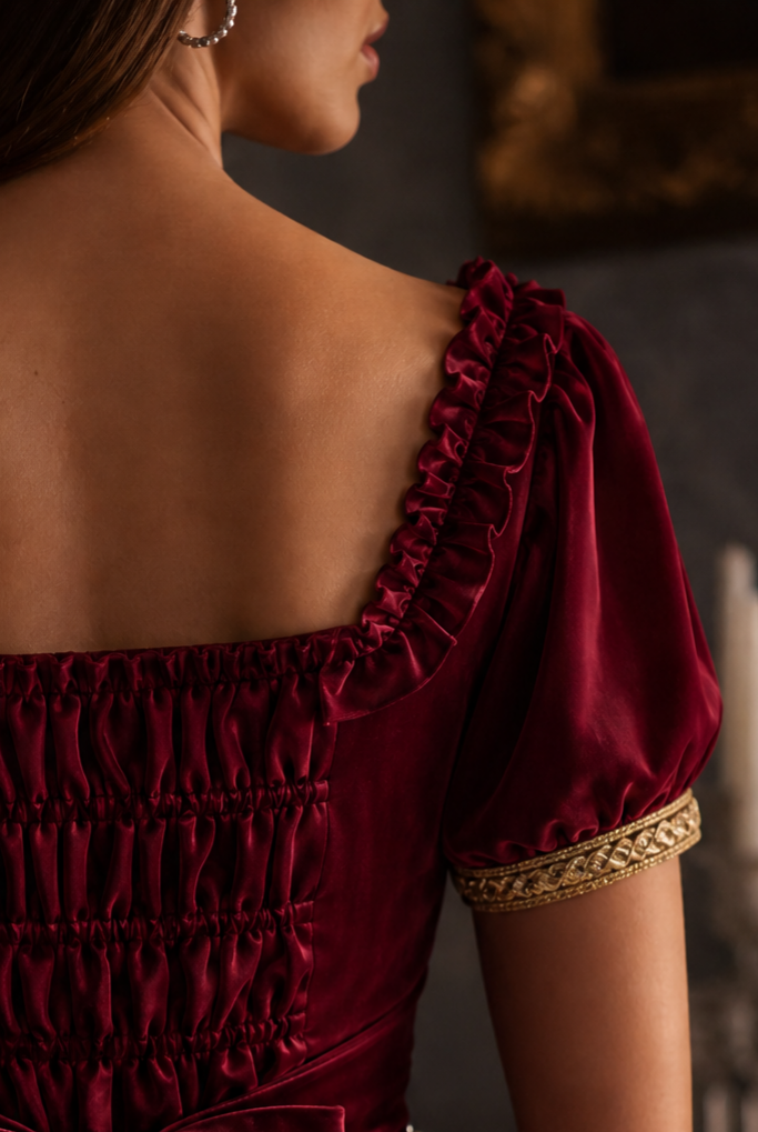 Regency Era Burgundy Satin Empire Waist Gown with Ruffle Trim and Pearl Chain Detail – Bridgerton Inspired Dress Plus Size