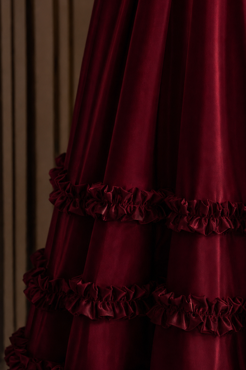 Regency Era Burgundy Satin Empire Waist Gown with Ruffle Trim and Pearl Chain Detail – Bridgerton Inspired Dress Plus Size