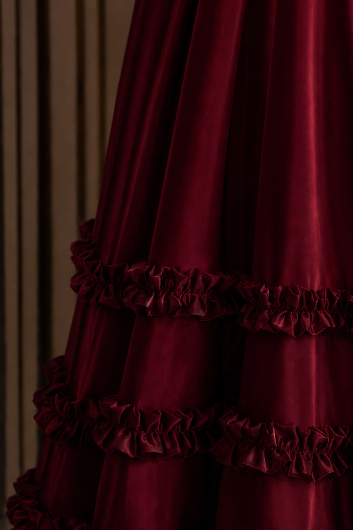 Regency Era Burgundy Satin Empire Waist Gown with Ruffle Trim and Pearl Chain Detail – Bridgerton Inspired Dress Plus Size