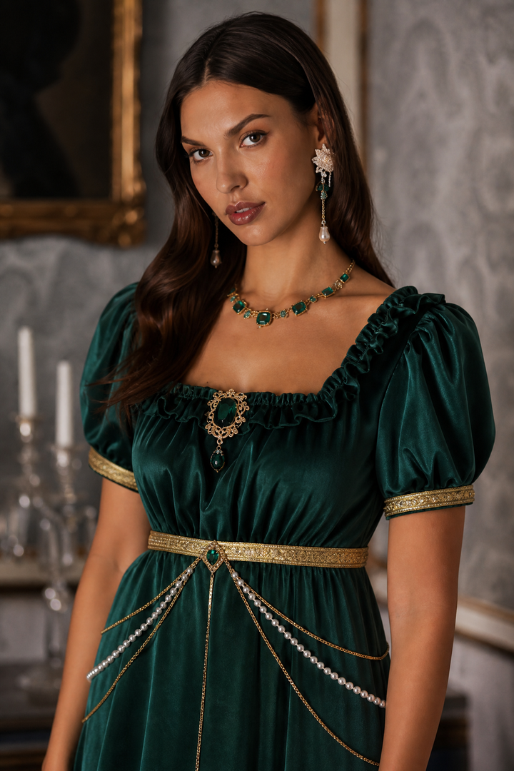 Regency Era Emerald Green Satin Empire Waist Gown with Ruffle Trim and Pearl Chain Detail – Bridgerton Inspired Vintage Gown Plus Size