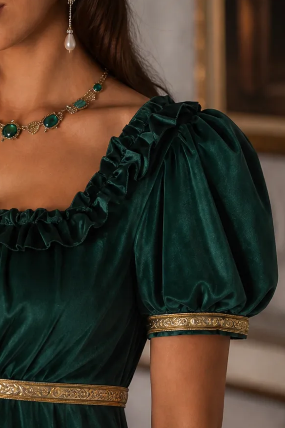 Regency Era Emerald Green Satin Empire Waist Gown with Ruffle Trim and Pearl Chain Detail – Bridgerton Inspired Vintage Gown Plus Size
