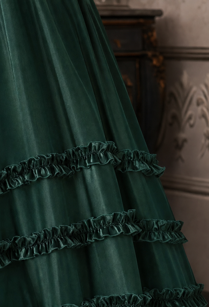 Regency Era Emerald Green Satin Empire Waist Gown with Ruffle Trim and Pearl Chain Detail – Bridgerton Inspired Vintage Gown Plus Size