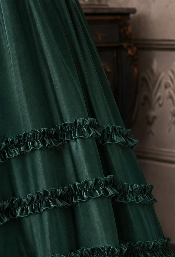 Regency Era Emerald Green Satin Empire Waist Gown with Ruffle Trim and Pearl Chain Detail – Bridgerton Inspired Vintage Gown Plus Size