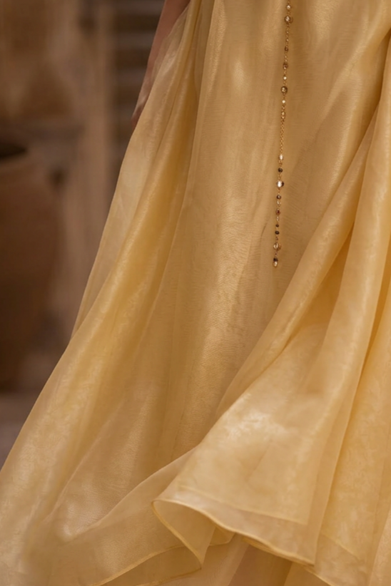 Regency Era Golden Yellow Empire Waist Gown with Pearl Chain Detail – Bridgerton Inspired Evening Dress Plus Size