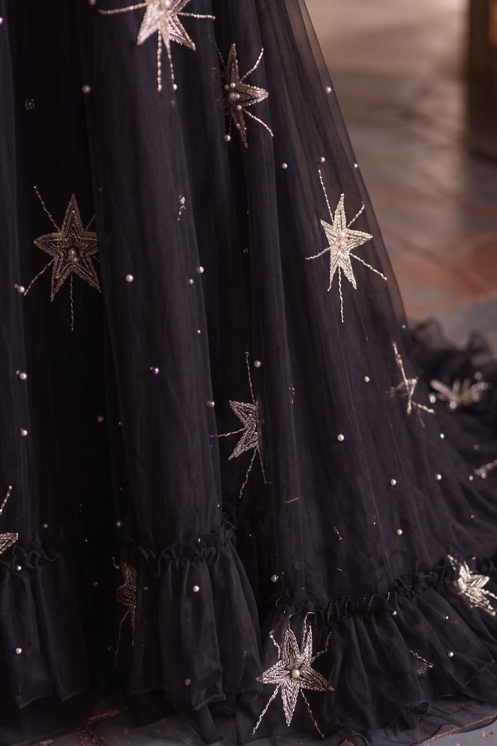 Regency Era Midnight Black Star Embroidered Empire Waist Gown – Bridgerton Inspired Dress Plus Size