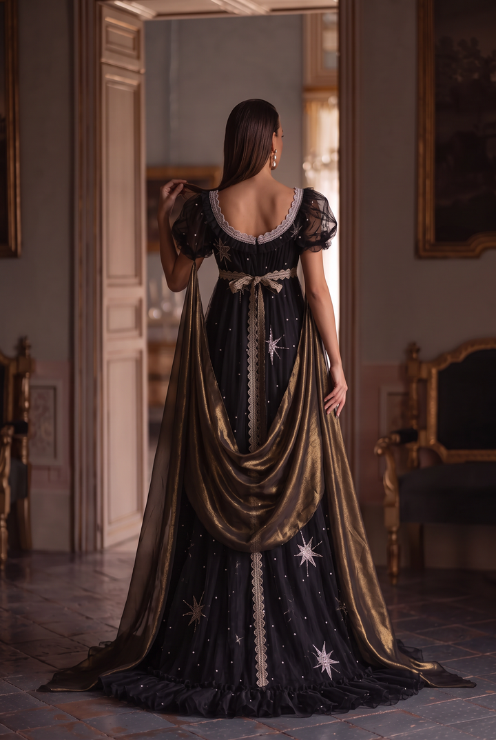 Regency Era Midnight Black Star Embroidered Empire Waist Gown – Bridgerton Inspired Dress Plus Size