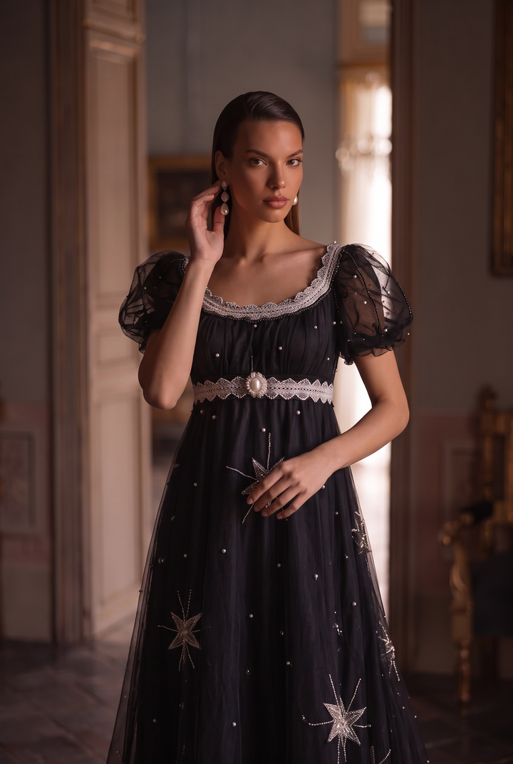 Regency Era Midnight Black Star Embroidered Empire Waist Gown – Bridgerton Inspired Dress Plus Size