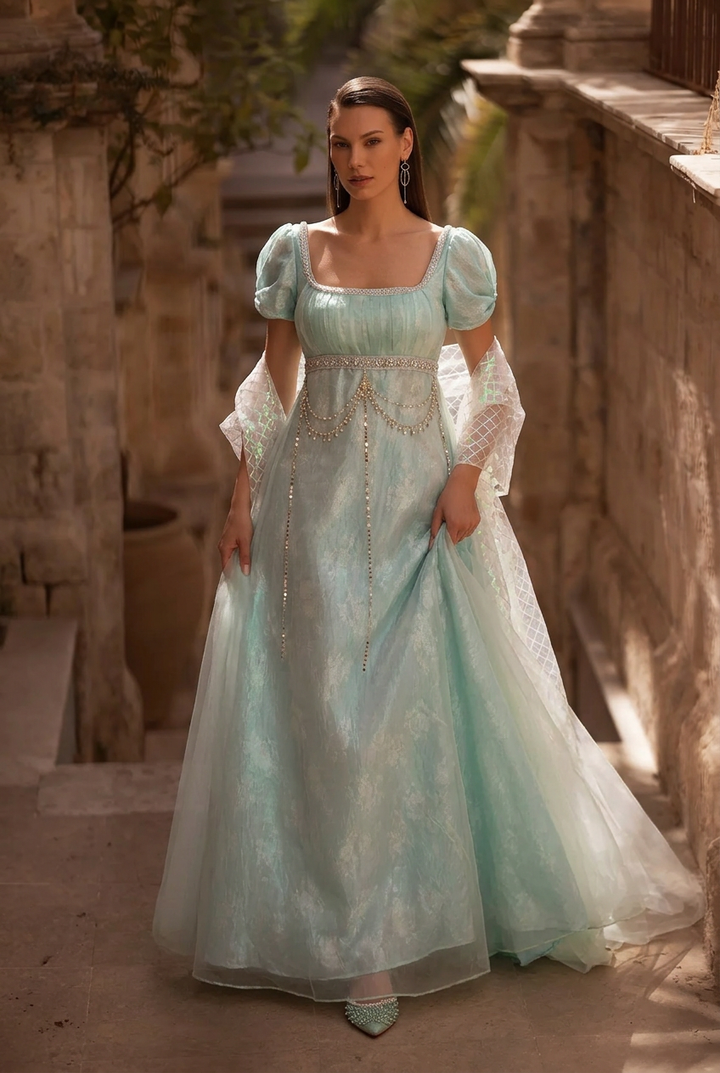 Regency Era Mint Green Empire Waist Gown with Crystal Pearl Chain Detail – Bridgerton Inspired Evening Dress Plus Size