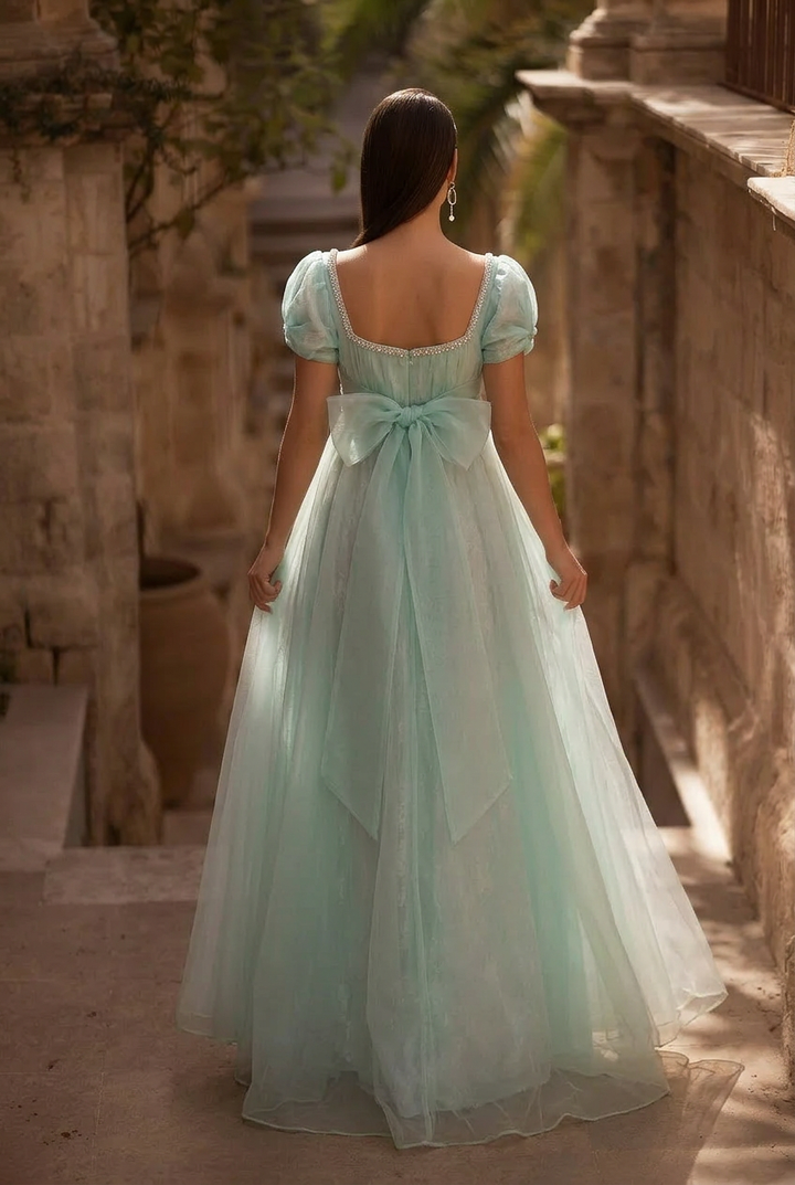 Regency Era Mint Green Empire Waist Gown with Crystal Pearl Chain Detail – Bridgerton Inspired Evening Dress Plus Size