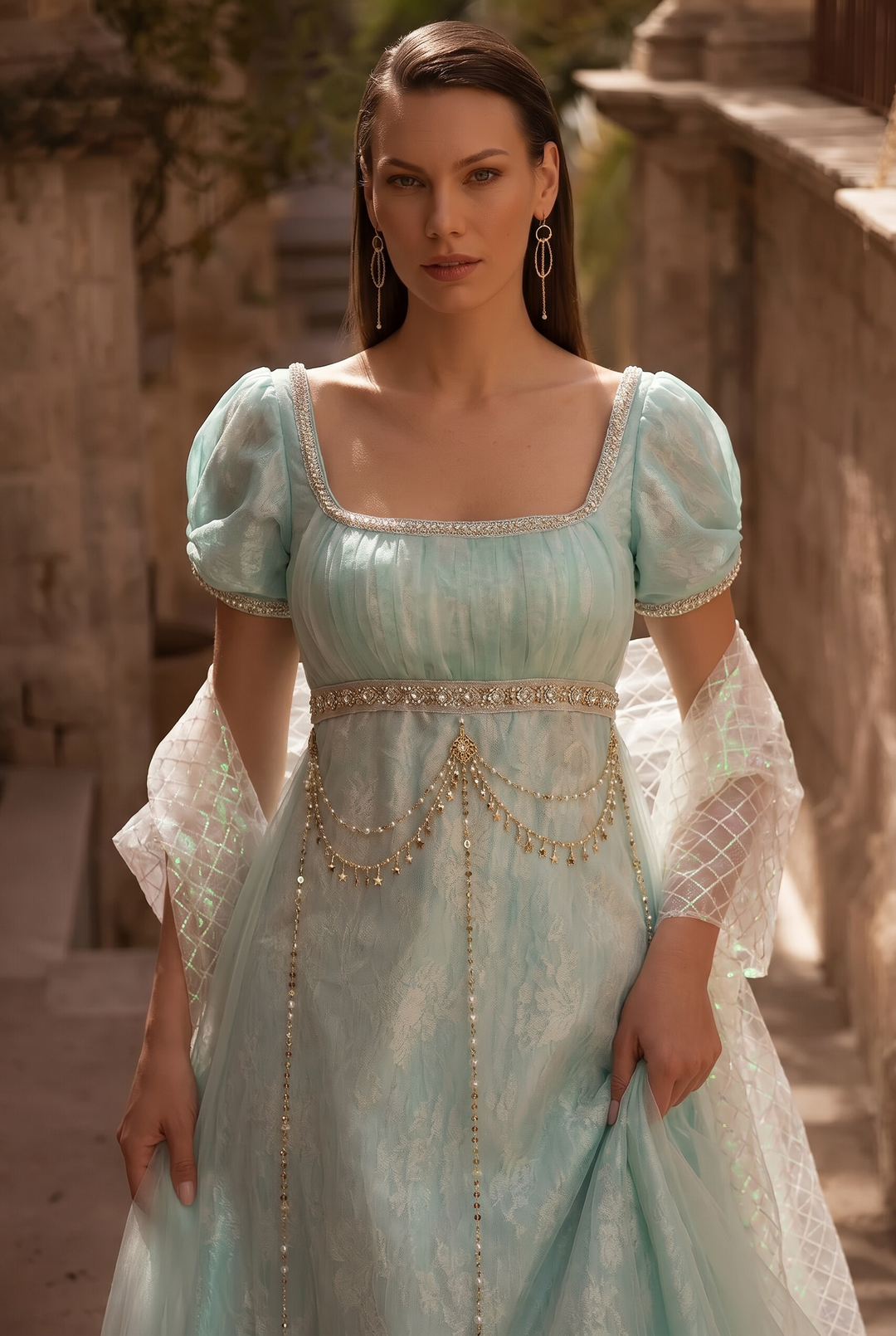 Regency Era Mint Green Empire Waist Gown with Crystal Pearl Chain Detail – Bridgerton Inspired Evening Dress Plus Size