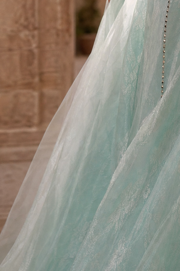 Regency Era Mint Green Empire Waist Gown with Crystal Pearl Chain Detail – Bridgerton Inspired Evening Dress Plus Size