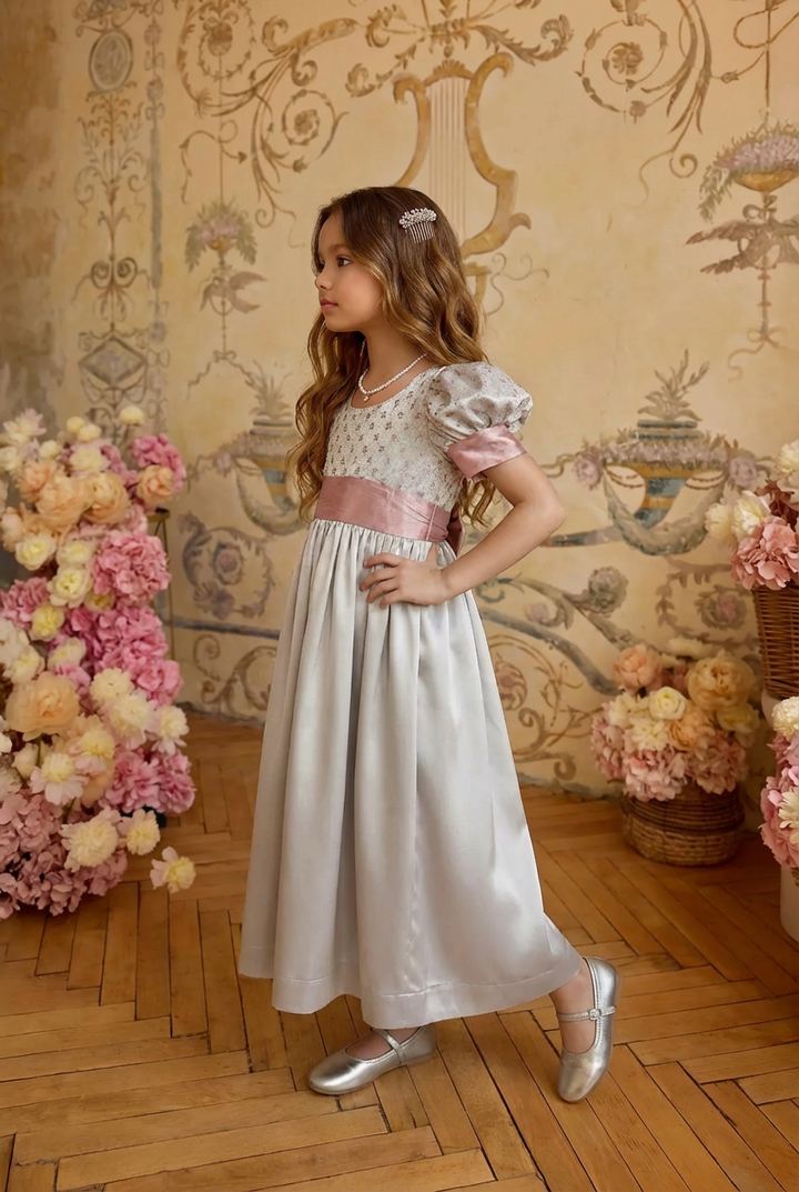 Regency Era Silver and Pink Empire Waist Satin and Jacquard Puff Sleeve Princess Dress – Bridgerton Inspired Children’s Gown Plus Size