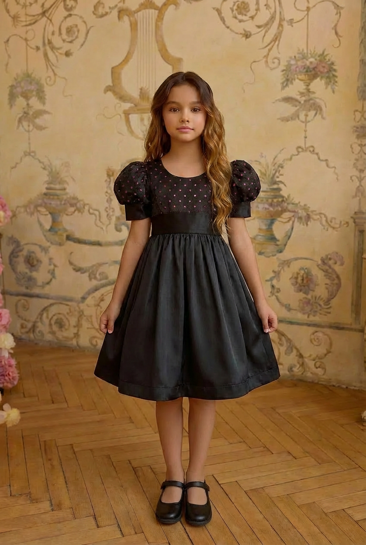 Regency Era Silver and Pink Empire Waist Satin and Jacquard Puff Sleeve Princess Dress – Bridgerton Inspired Children’s Gown Plus Size