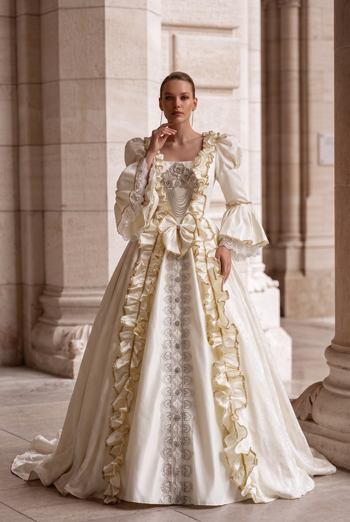 cream and gold dress for wedding Rococo Ball Gown with Ruffle Trim Embroidered Bodice – Lace- – WonderlandByLilian CC simple bridesmaid dresses