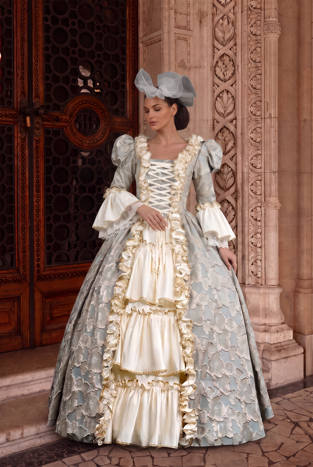 Rococo Pale Blue and Gold Embroidered Ball Gown – Vintage Court Dress with Lace-Up Bodice and Satin Skirt