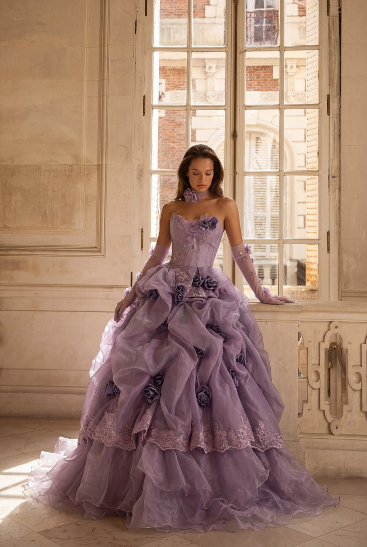Romantic Lavender Purple Tiered Gown with Floral Appliqué –  Strapless Evening Dress with Corset Back and Lace Plus Size