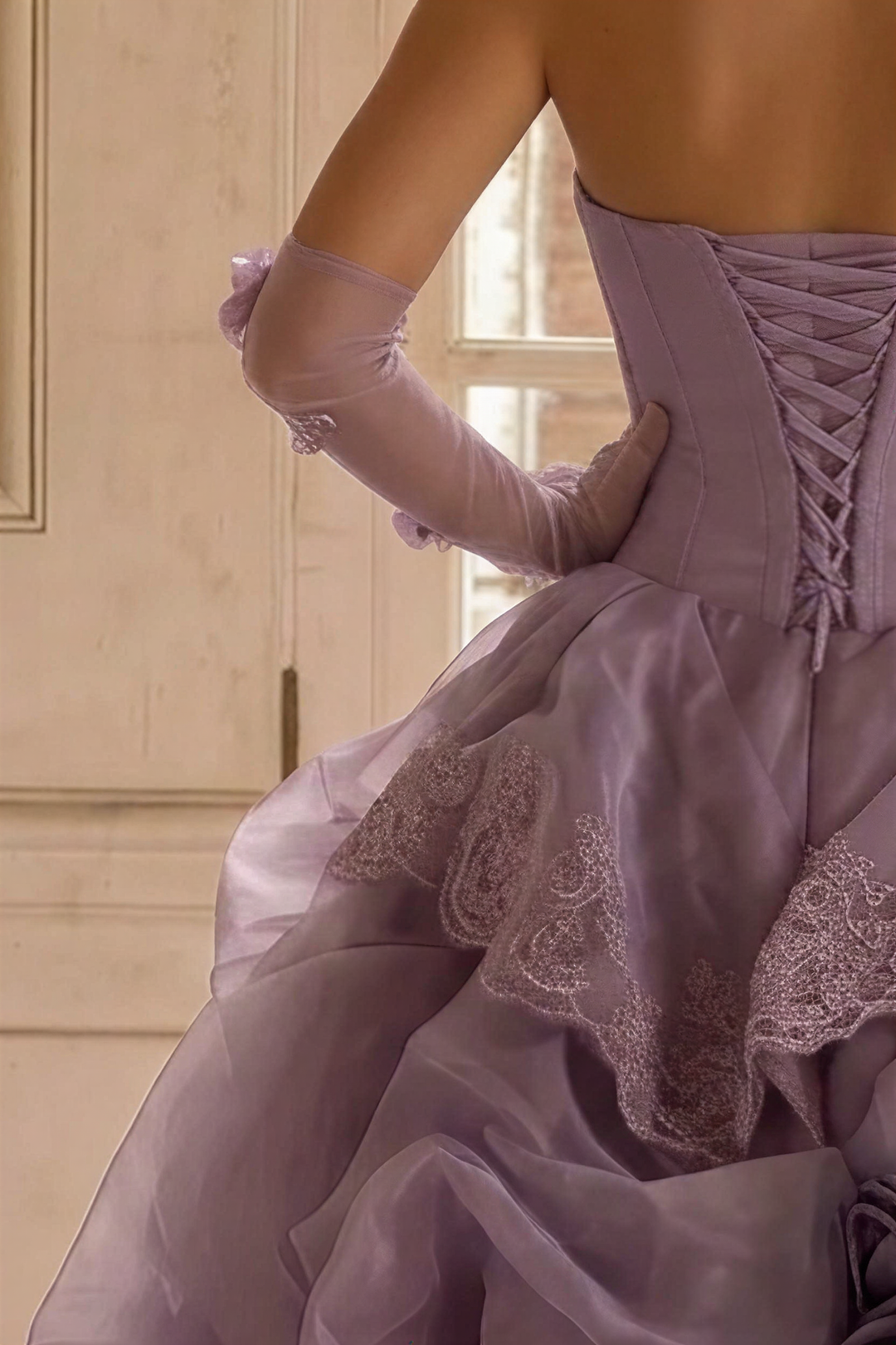 Romantic Lavender Purple Tiered Gown with Floral Appliqué –  Strapless Evening Dress with Corset Back and Lace Plus Size