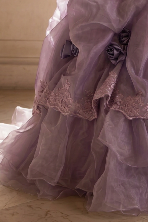 Romantic Lavender Purple Tiered Gown with Floral Appliqué –  Strapless Evening Dress with Corset Back and Lace Plus Size