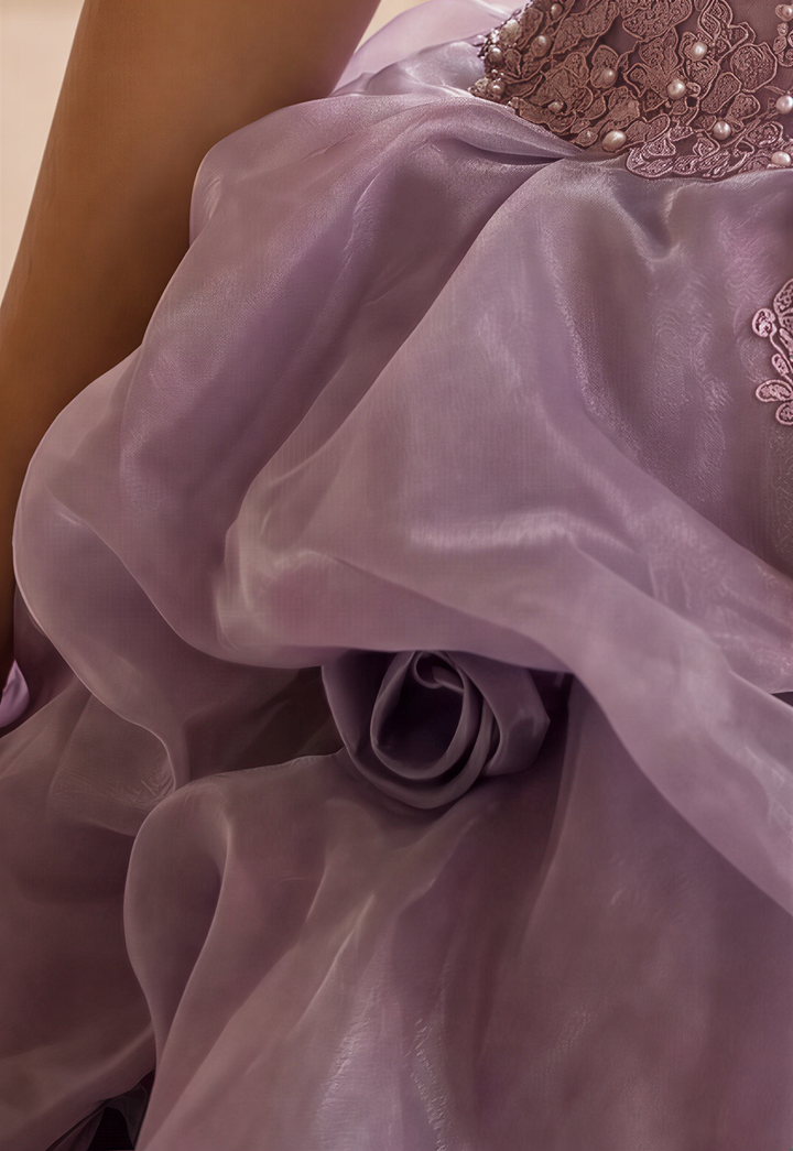 Romantic Lavender Purple Tiered Gown with Floral Appliqué –  Strapless Evening Dress with Corset Back and Lace Plus Size