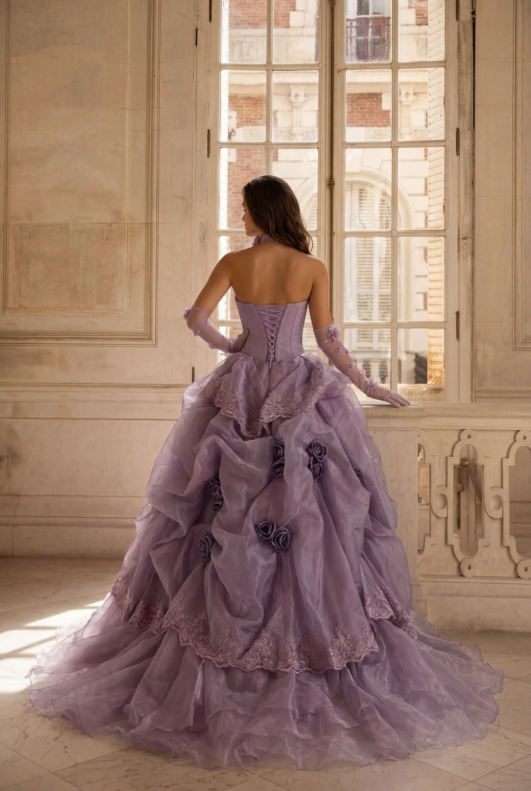 Romantic Lavender Purple Tiered Gown with Floral Appliqué –  Strapless Evening Dress with Corset Back and Lace Plus Size