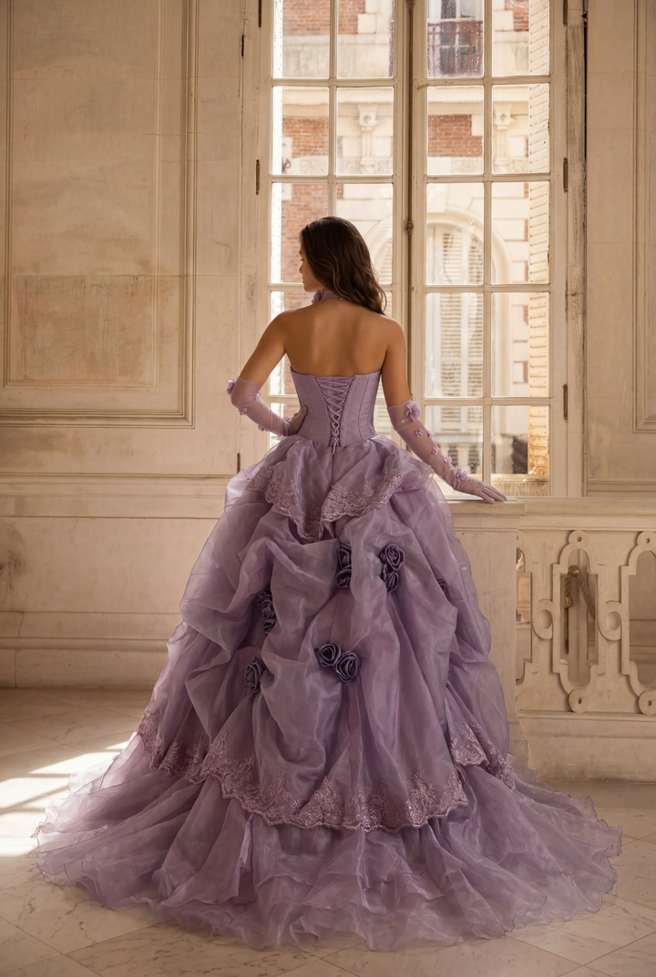Romantic Lavender Purple Tiered Gown with Floral Appliqué –  Strapless Evening Dress with Corset Back and Lace Plus Size