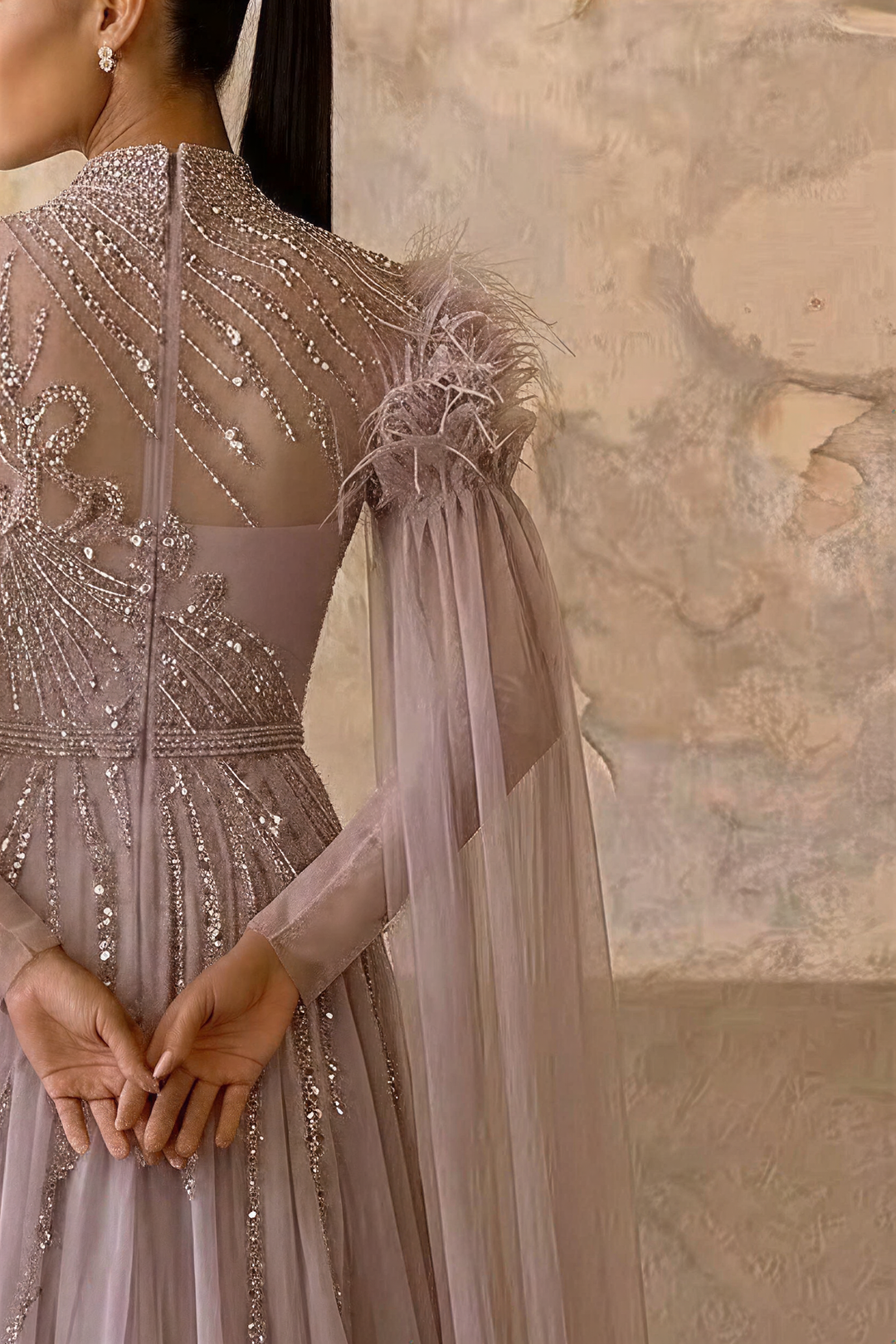 Rose Pink Sequin Evening Gown - Sequin and Feather Dress – Embellished Gown with Feather Shoulders Plus Size