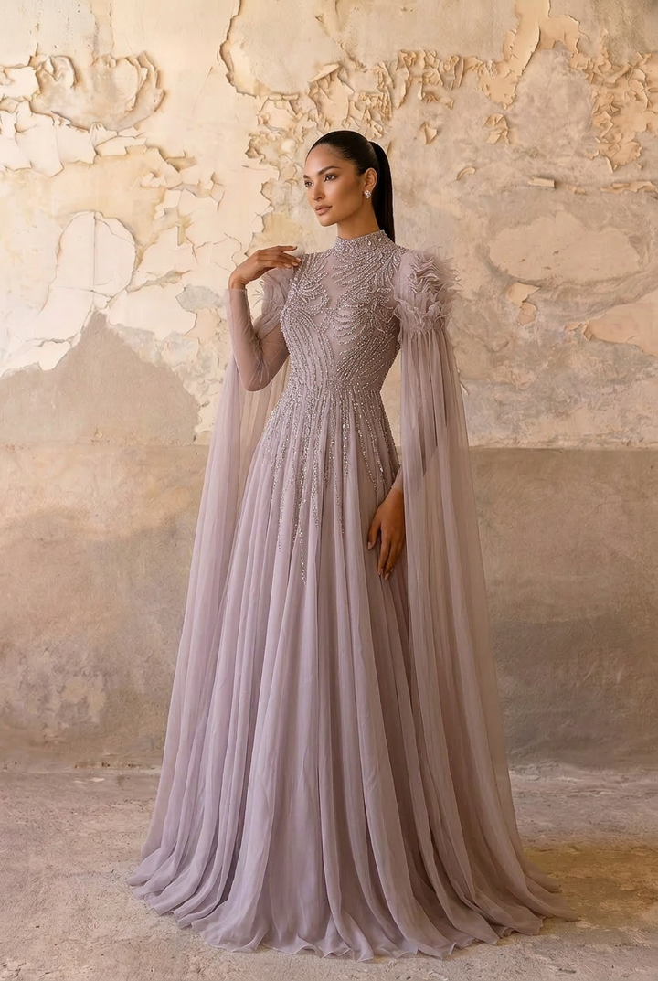Rose Pink Sequin Evening Gown - Sequin and Feather Dress – Embellished Gown with Feather Shoulders Plus Size